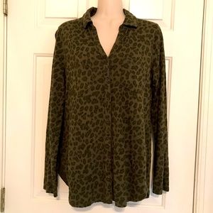 Olive green leopard print button down blouse